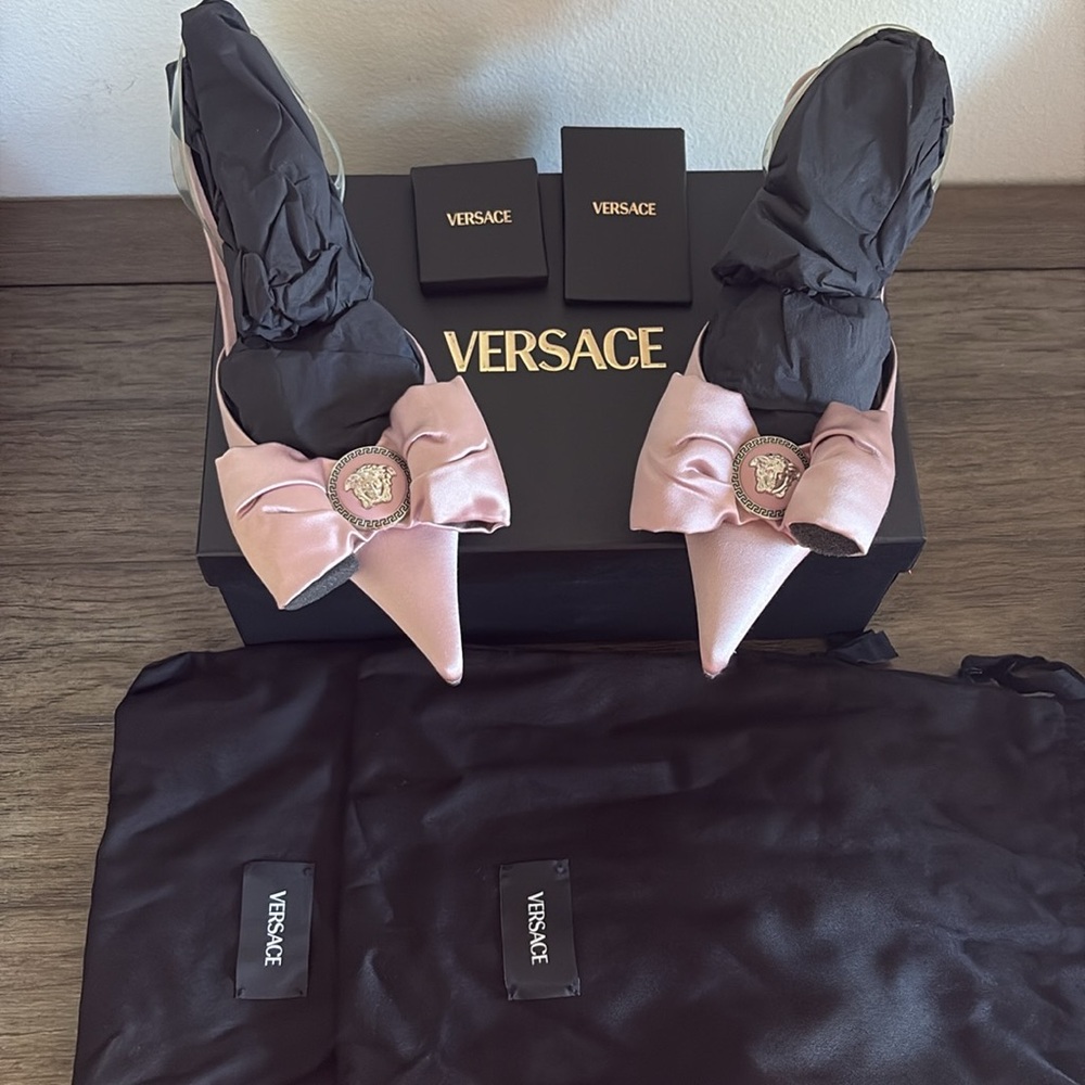Versace Pink Satin Pointed Toe Heels with Medusa Buckle